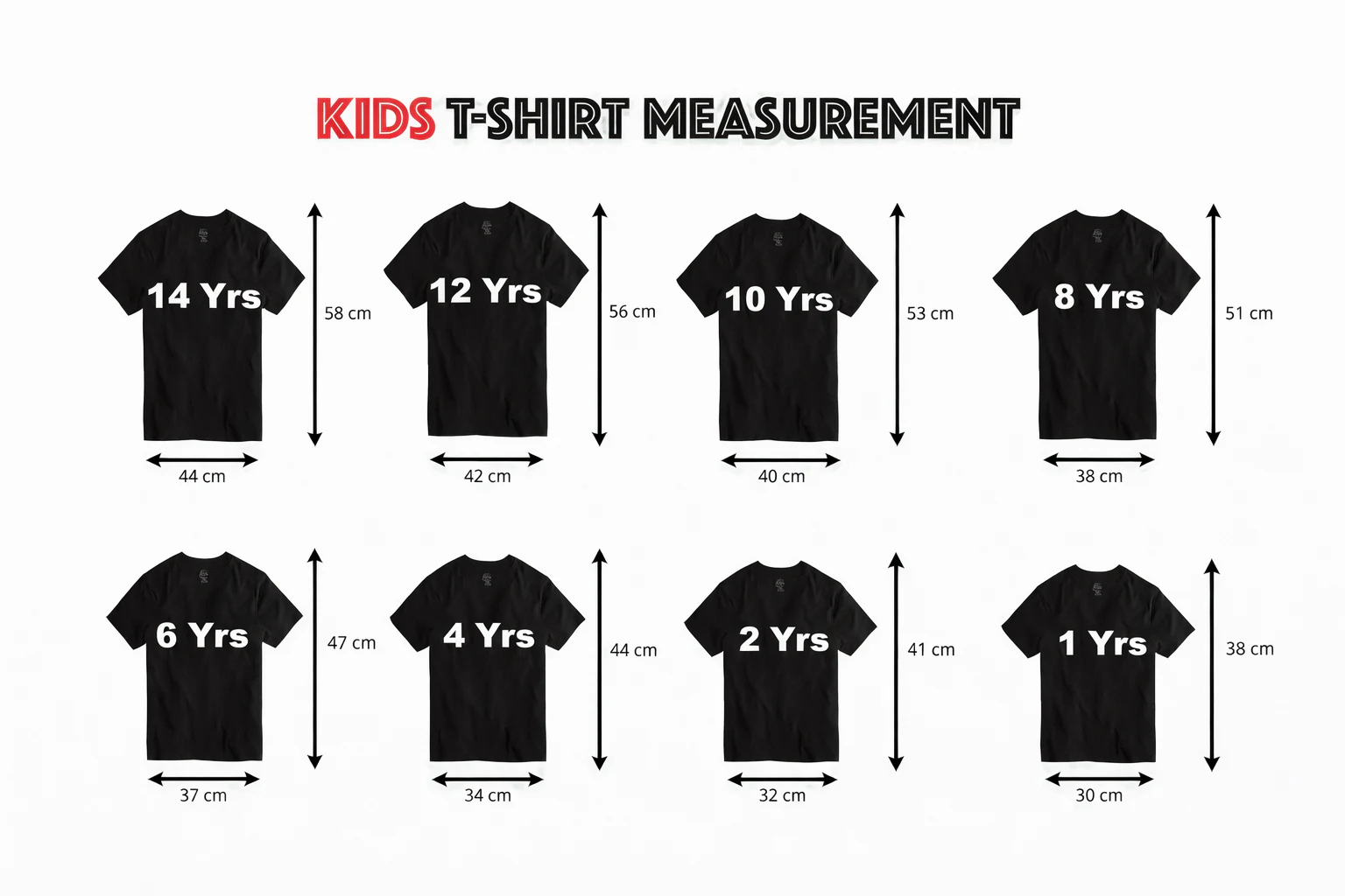 Kids T-Shirt measurements in centimetres