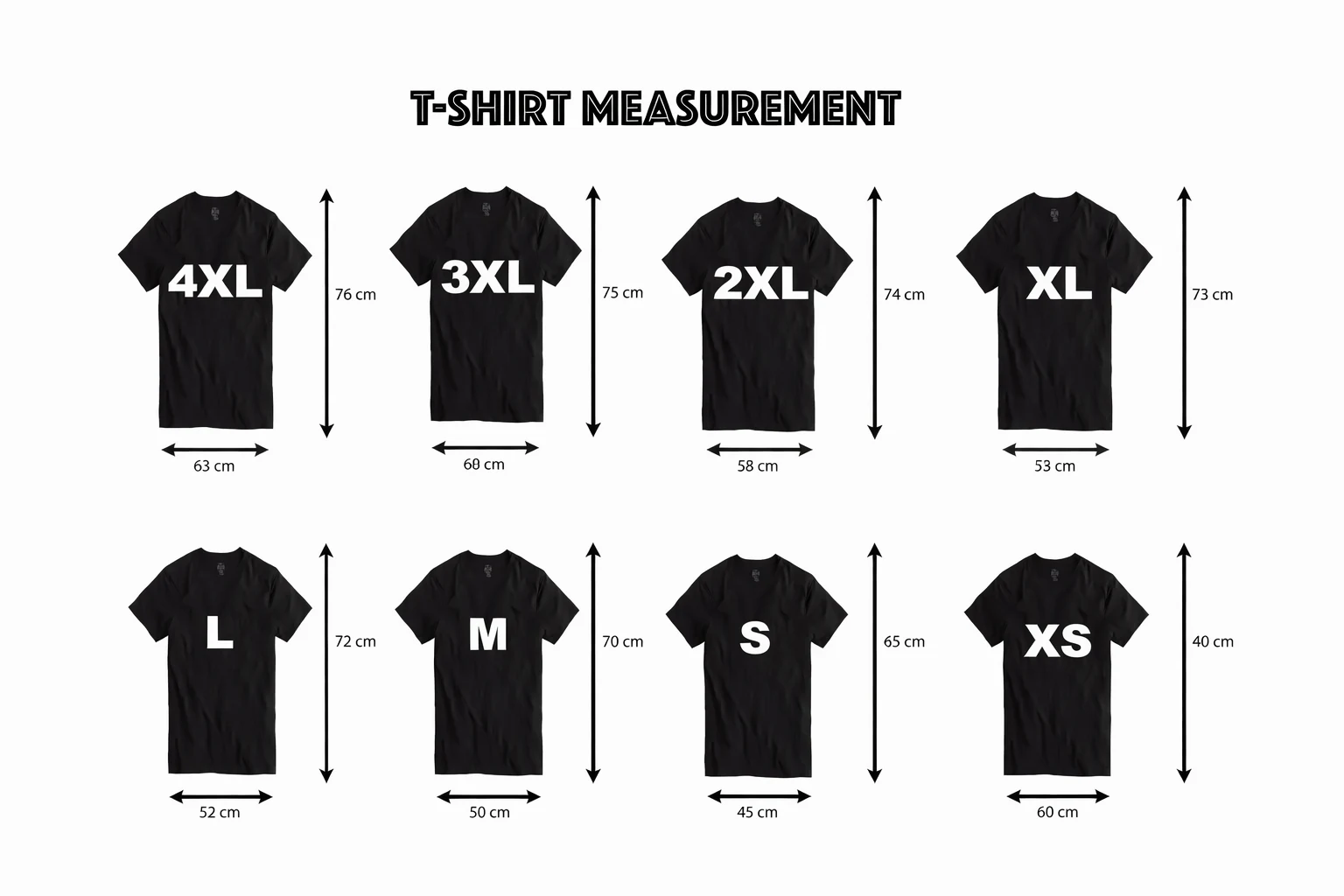 Adults T-Shirt measurements in centimetres