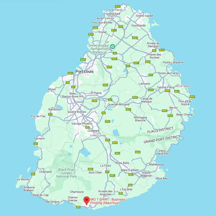 Map of Mauritius showing MO T-SHIRT in Surinam on the south coast