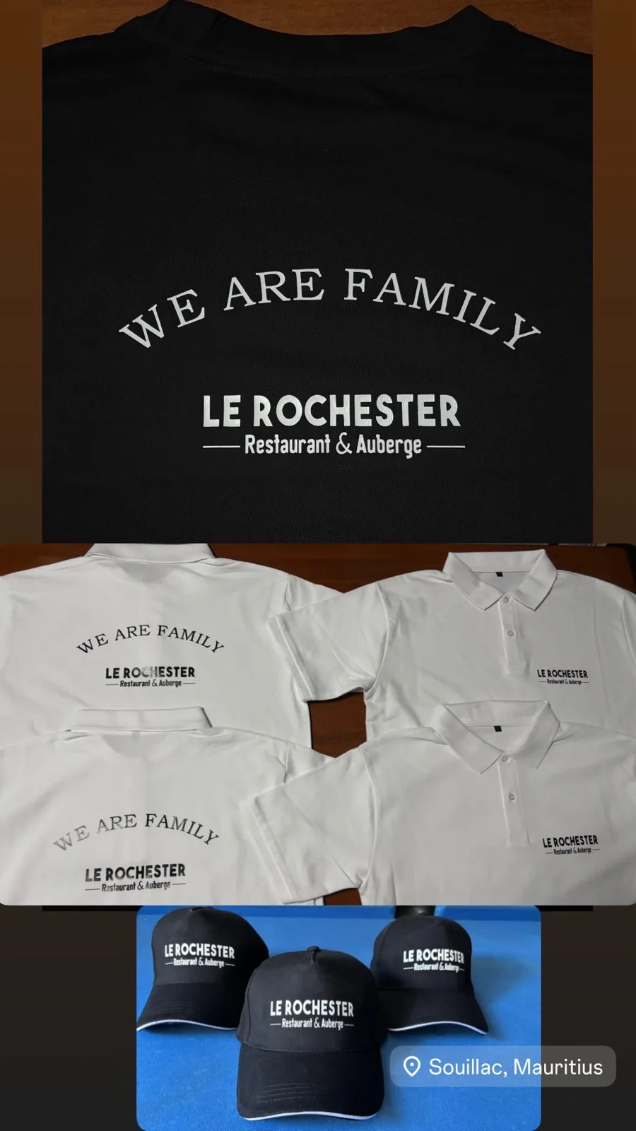 Le Rochester printed black T-shirt, white polos and caps