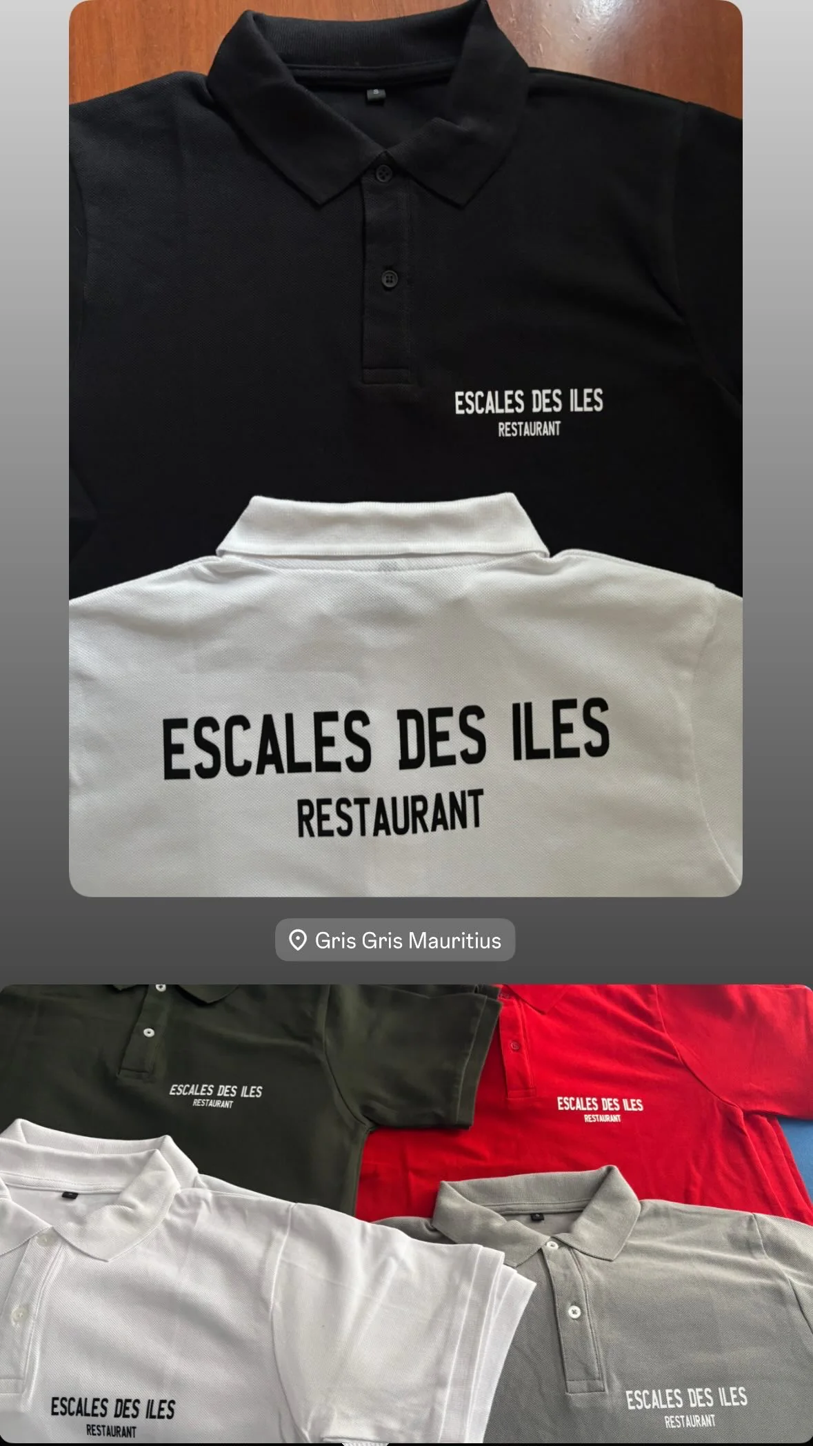 Escale des Îles restaurant polos in black, white, red and green