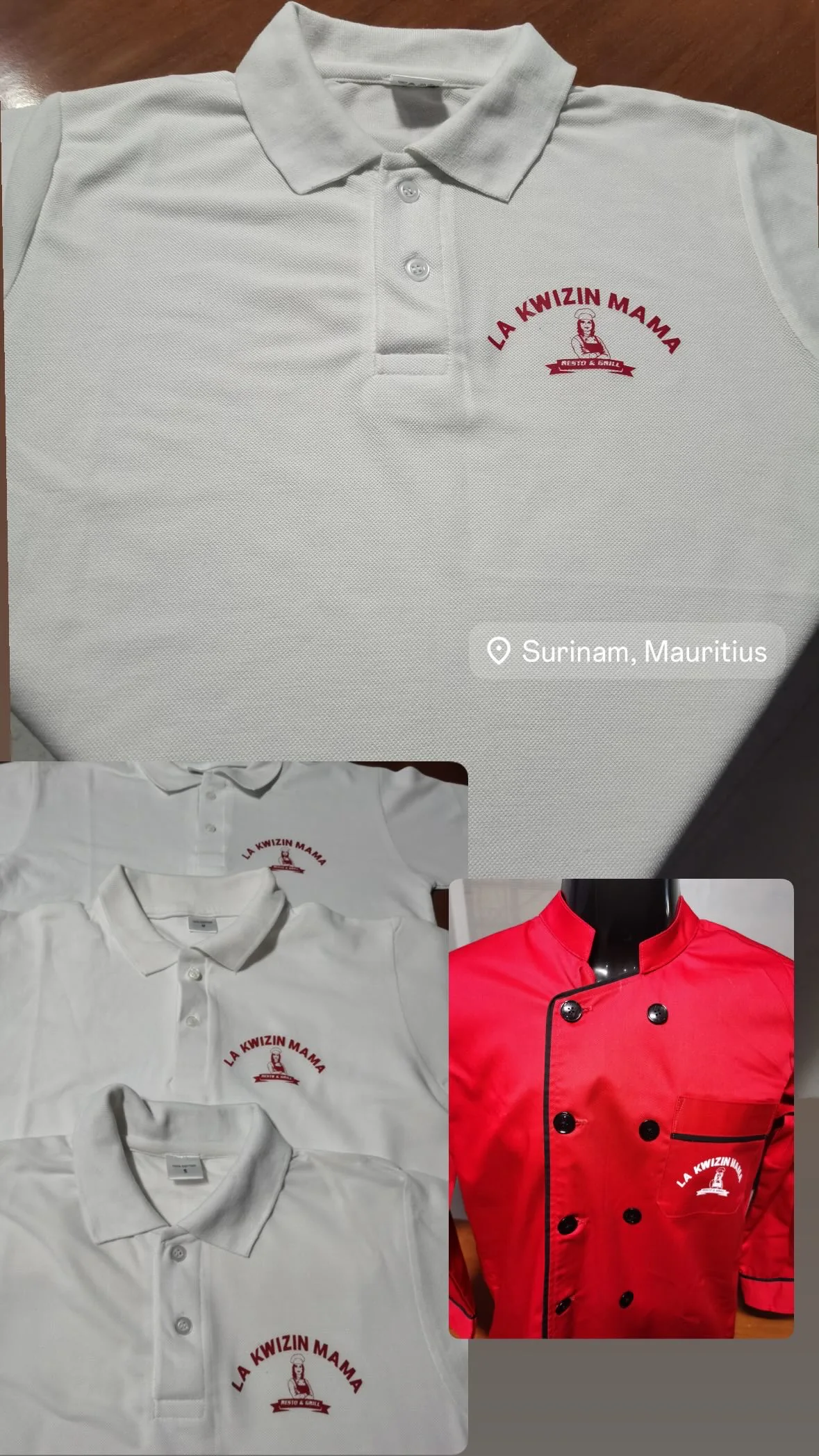White printed restaurant polos and a red chef jacket