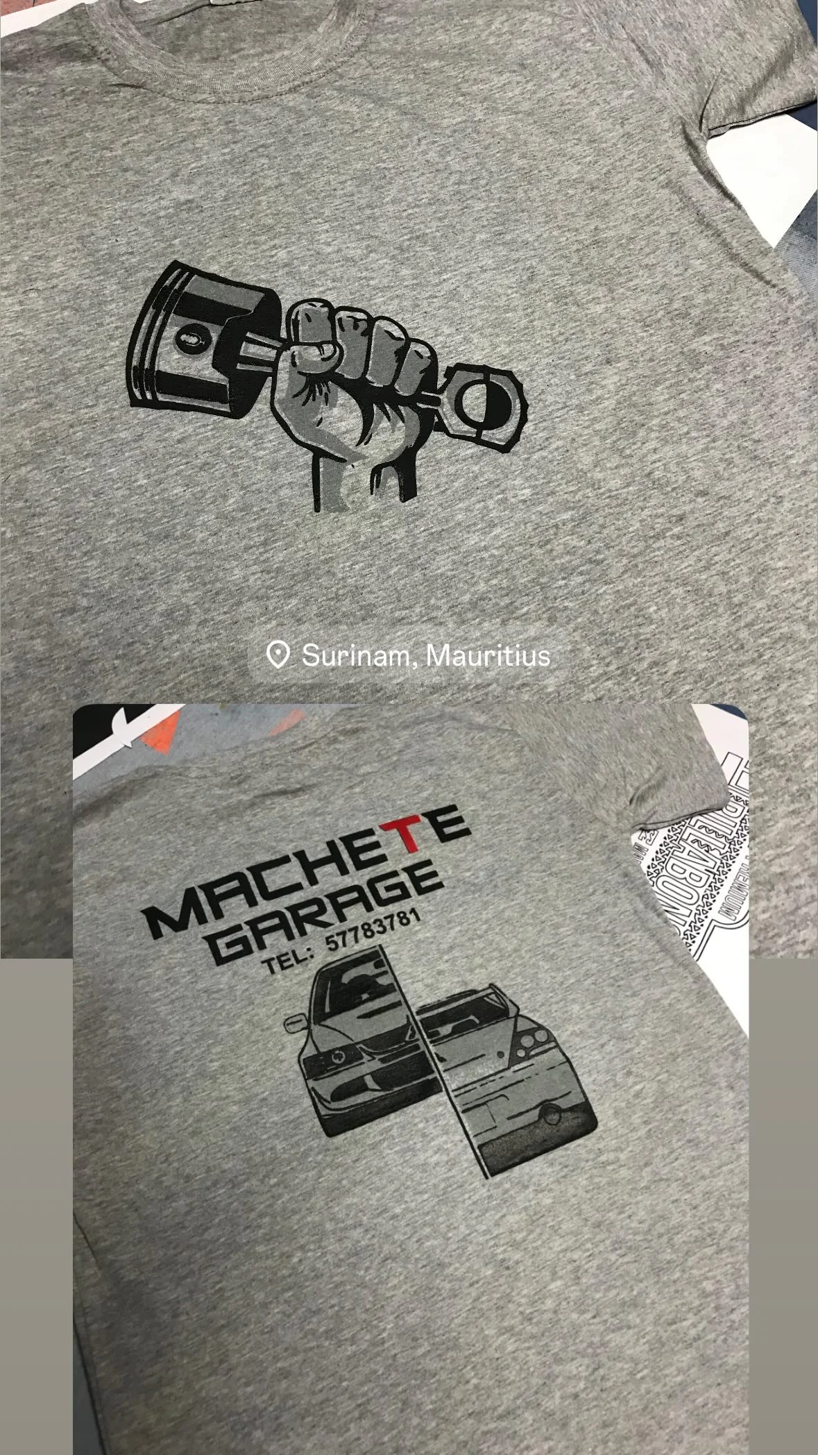 Grey Machete Garage T-shirts with automotive graphic prints