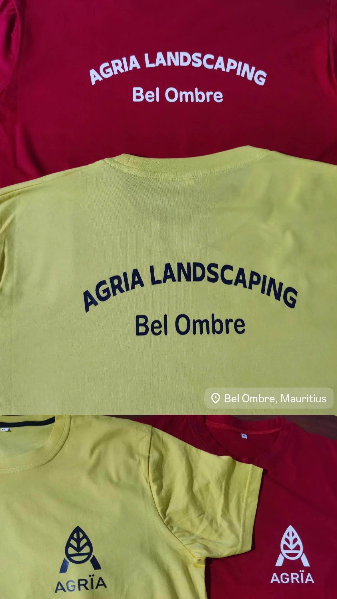 Red and yellow Agria Landscaping T-shirts with chest and back prints