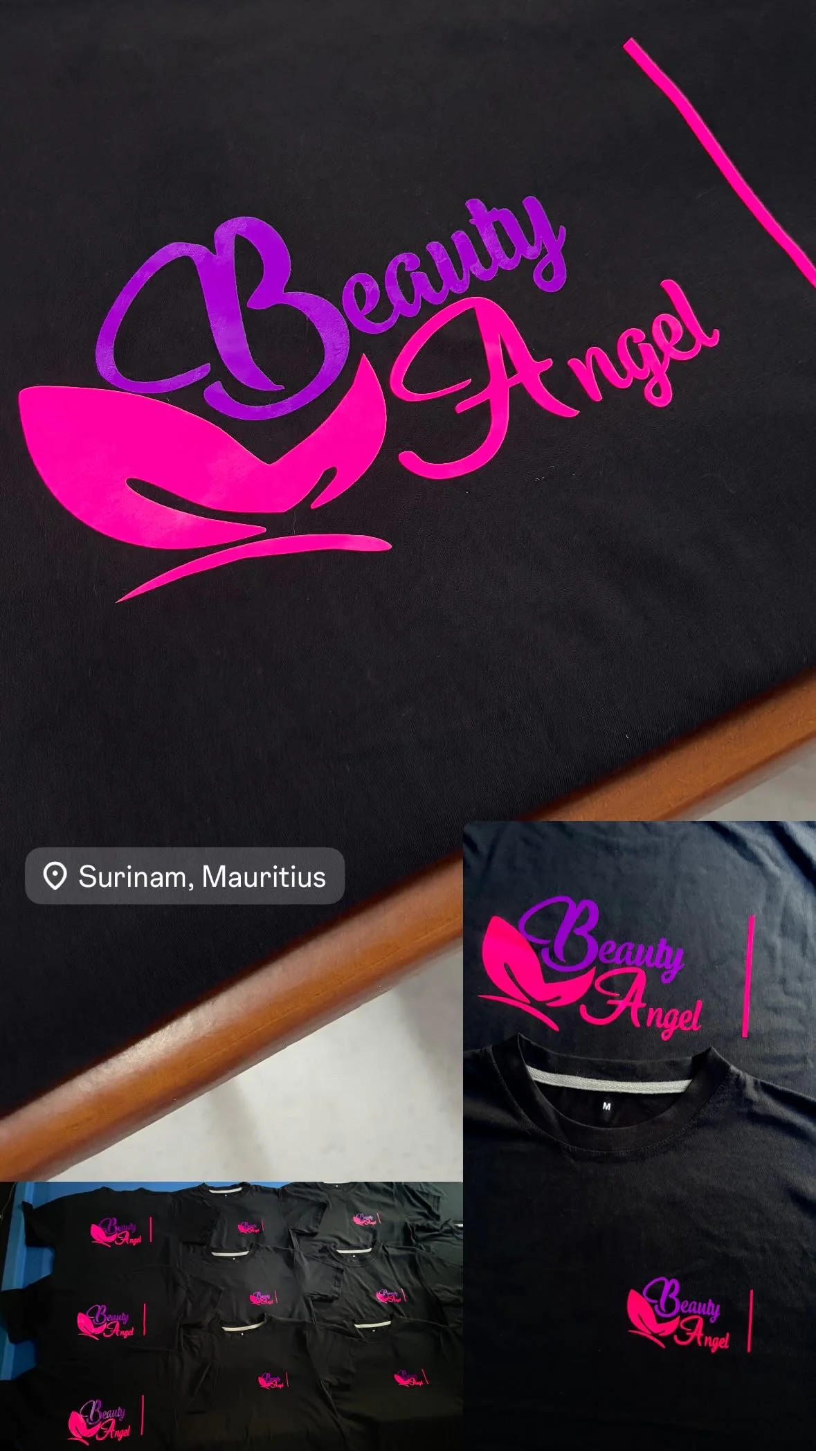 Black Beauty Angel apparel with bright pink and purple logo prints