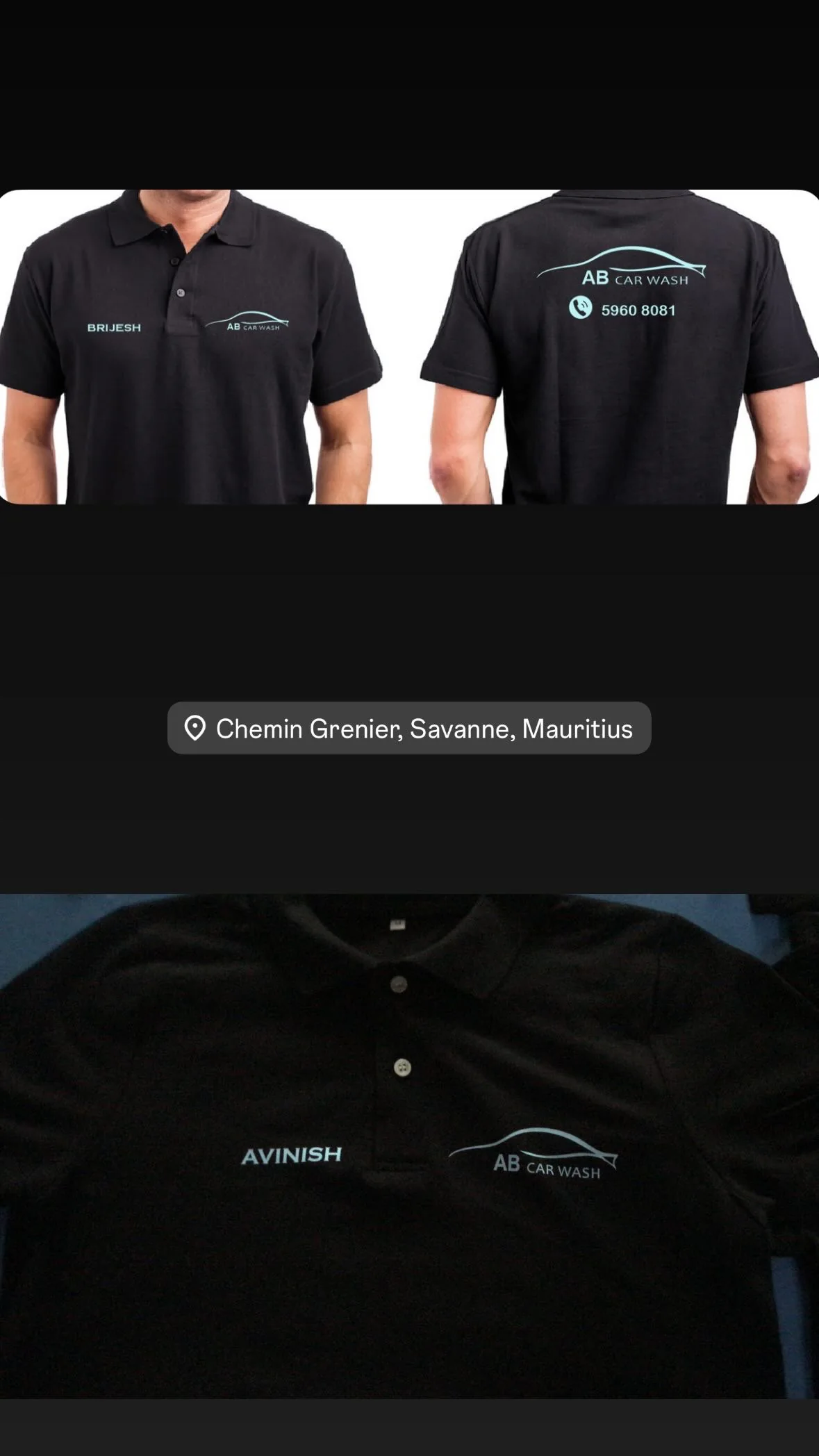 Black business polos with a company logo and personalised name