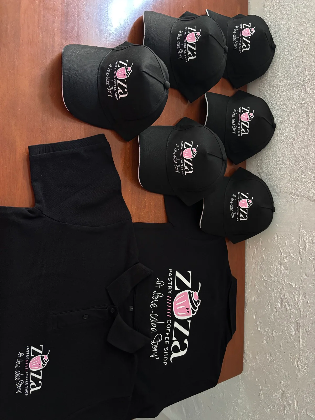Black Zoza Pastry and Coffee T-shirt and matching printed caps
